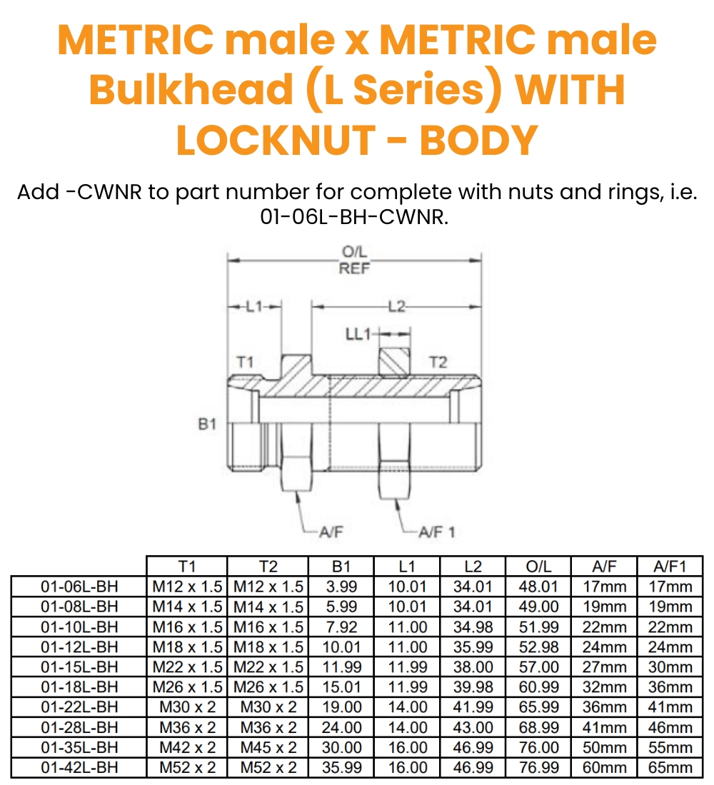 M12 (6L) M/M Bulkhead C/W Lock Nut Hydraulic Adaptor
